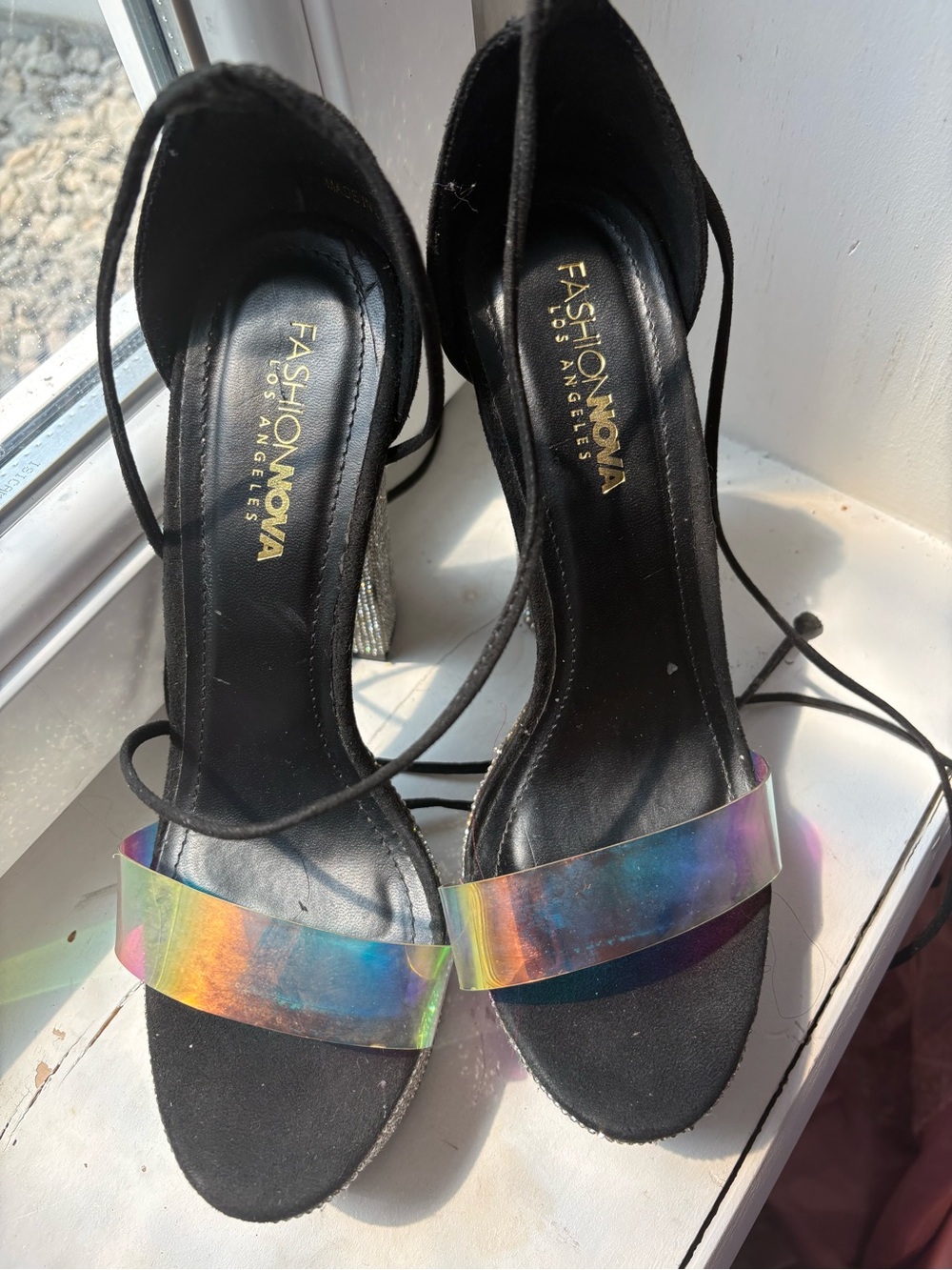Fashion Nova Black Heels with Iridescent Front Strap